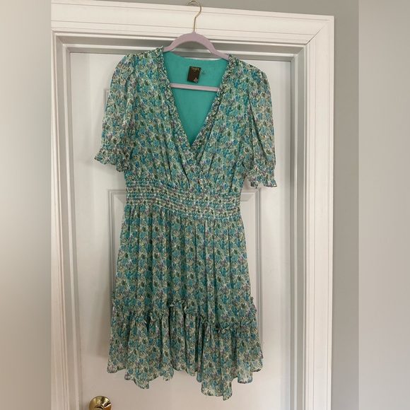 Taylor Short Sleeve V-Neck Ruffle Trim Floral Print Chiffon Fit and Flare Dress - Picture 1 of 4